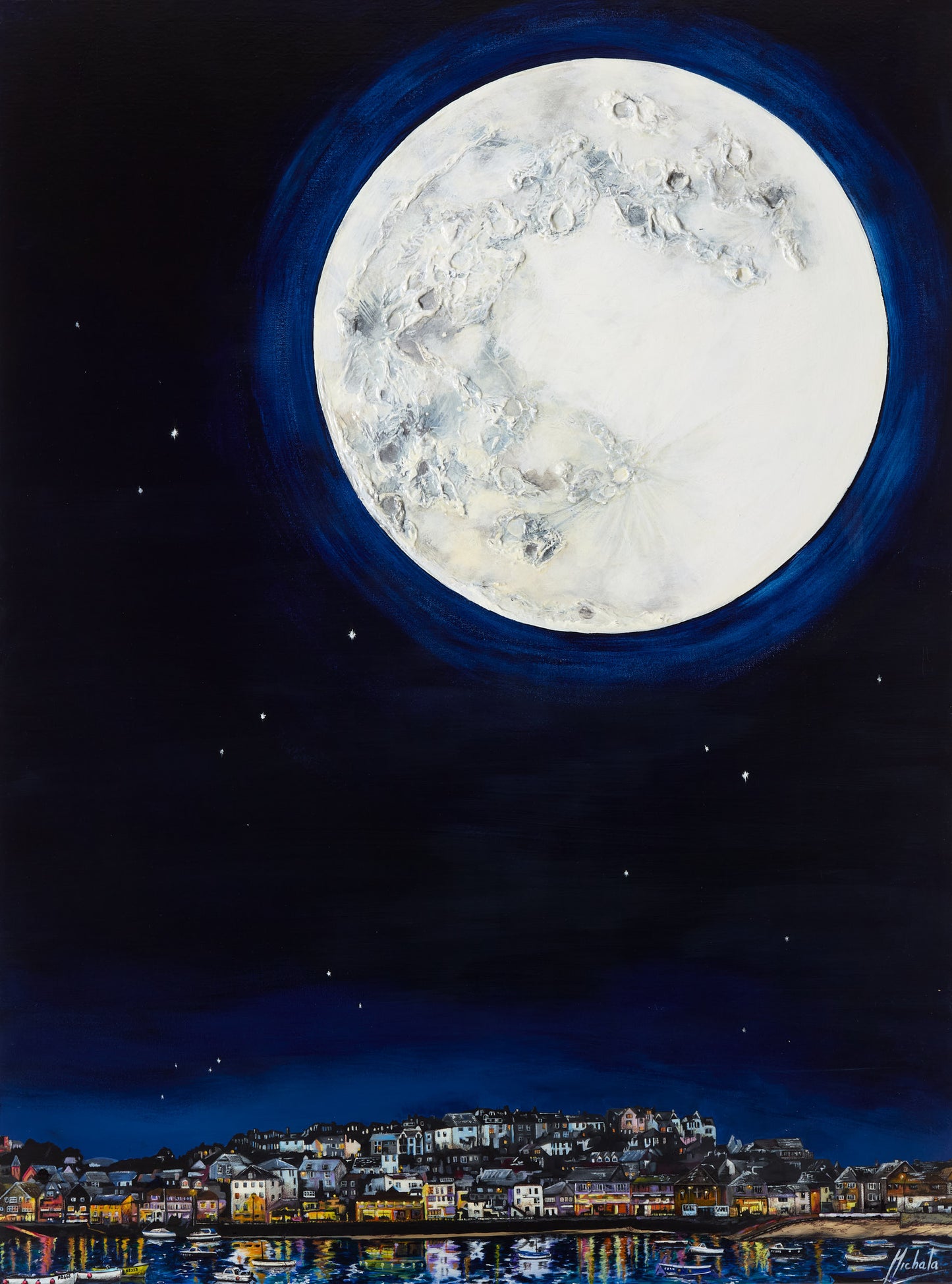 A painting of a large, detailed full moon in a dark blue night sky above a coastal town with illuminated buildings and boats on the water.