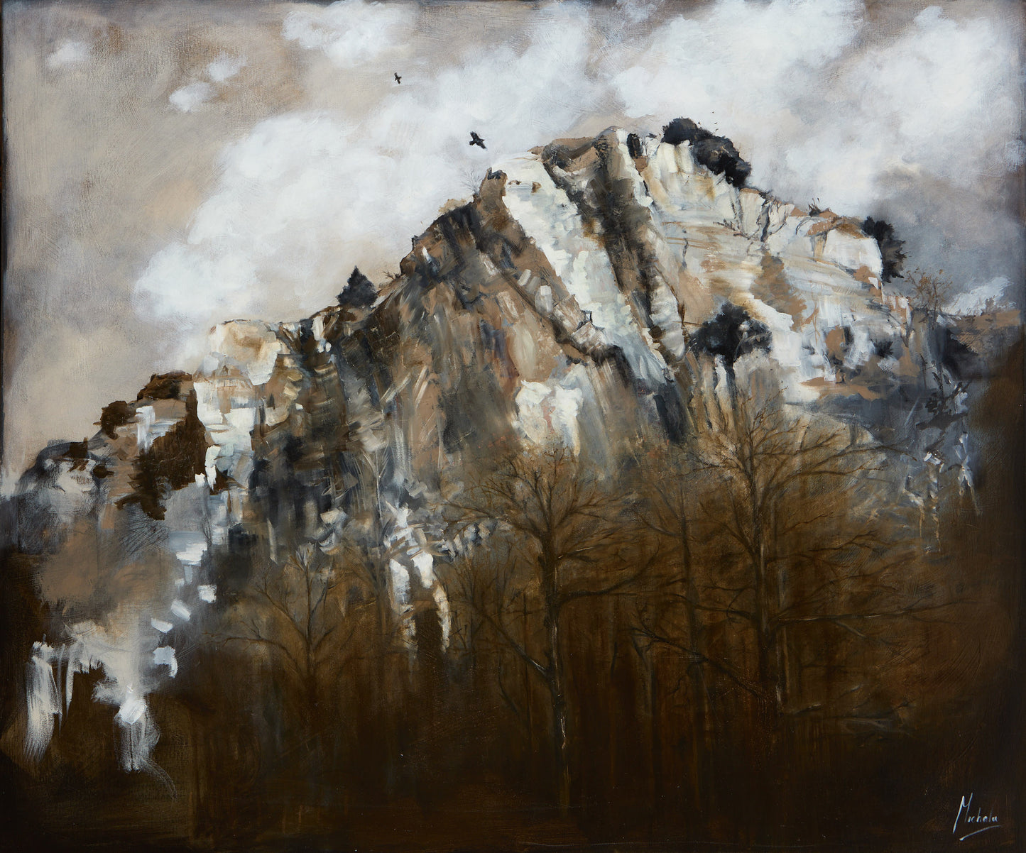 An impressionistic landscape painting of a rugged mountain peak rising above bare trees, rendered in earthy browns, grays, off-white, and muted blue-gray tones under a cloudy sky.
