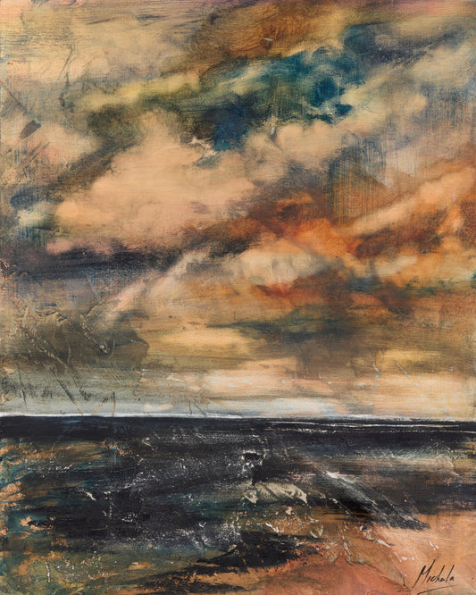 An impressionistic painting of a dramatic seascape with dark, textured ocean water in the foreground and a cloudy sky above in warm beige, orange, brown, and blue tones.