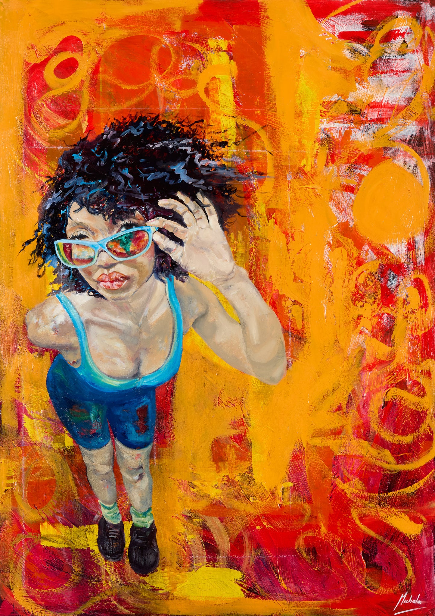 An expressive, colorful painting of a person with dark curly hair, light skin, and blue shorts, wearing red-tinted glasses against a vivid abstract background of orange, yellow, red, and pink brushstrokes.