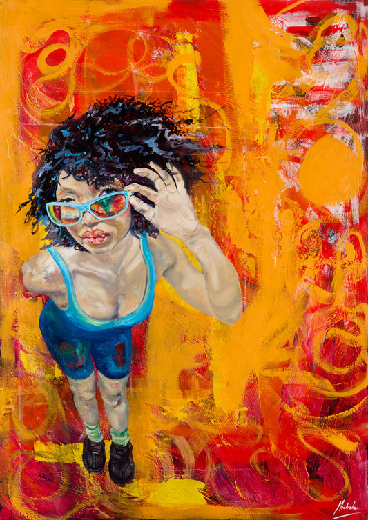 An expressive, colorful painting of a person with dark curly hair, light skin, and blue shorts, wearing red-tinted glasses against a vivid abstract background of orange, yellow, red, and pink brushstrokes.