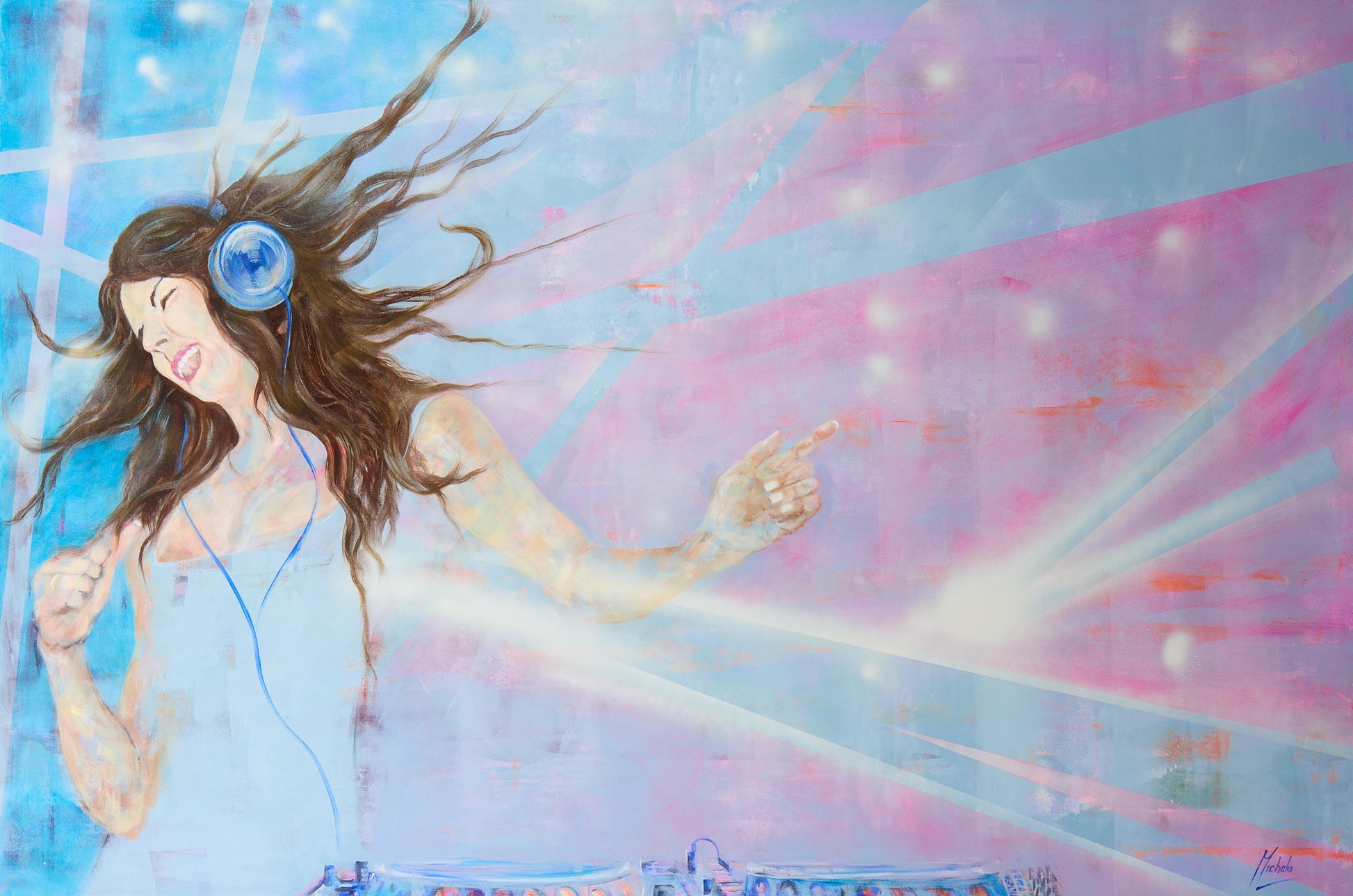 Illustration of a woman with headphones against a colorful, abstract background