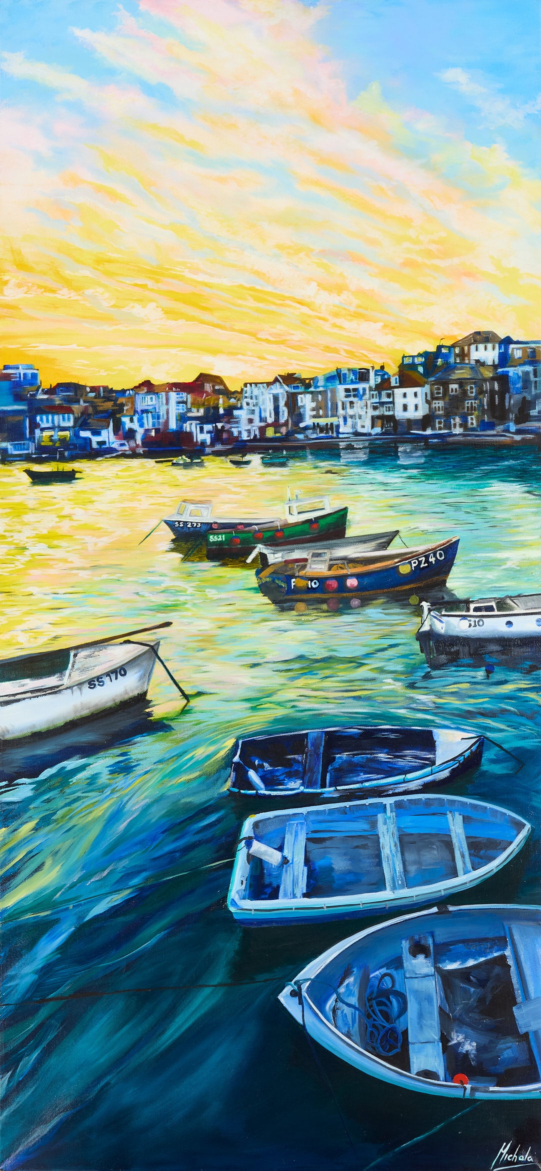 An impressionistic painting of a harbor scene at sunset, with several small boats floating on blue-green water, buildings along the shoreline, and a bright yellow, orange, and blue sky.