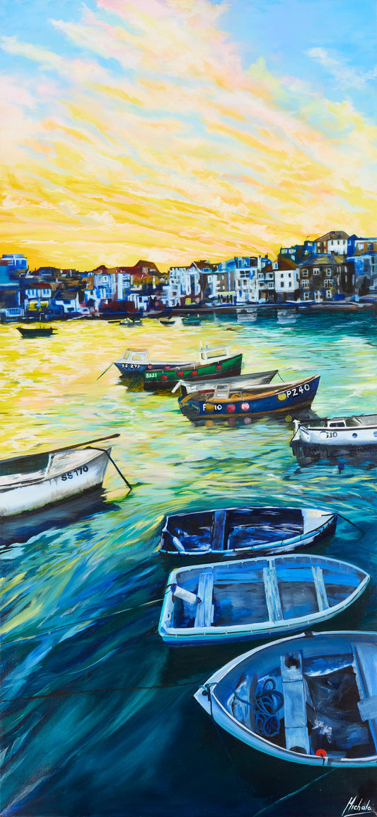 An impressionistic painting of a harbor scene at sunset, with several small boats floating on blue-green water, buildings along the shoreline, and a bright yellow, orange, and blue sky.