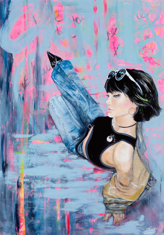 An expressive painting of a woman reclining with one leg raised, rendered in blue, pink, black, and beige tones against an abstract painted background.